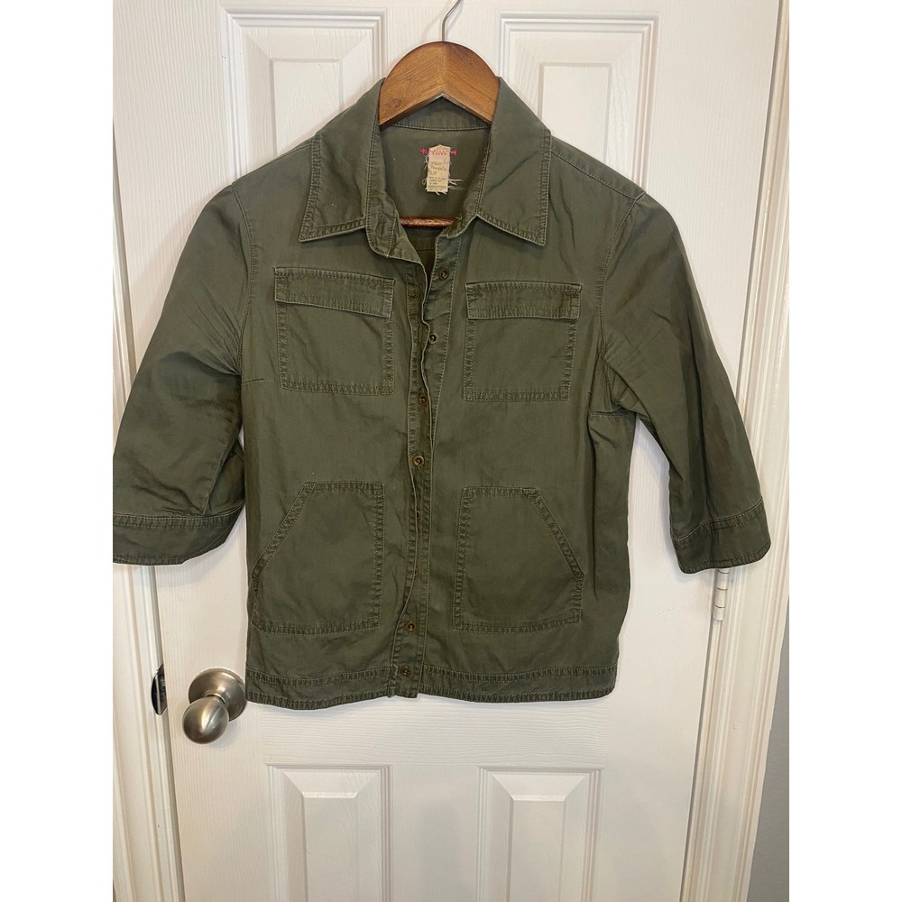 Free People Utility Jacket Women's Small Green Button‎ Front 3/4 Sleeve Small